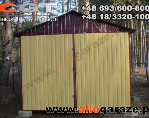 Garaż blaszany 3,5x6 dwuspadowy wiśnia RAL 3005 brama uchylna