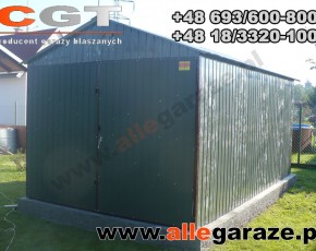 Garaż blaszany 3,5x6 dwuspadowy zielony RAL 6005 brama dwuskrzydłowa