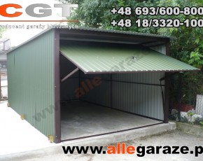 Garaż blaszany 3x5 spad na tył zielony RAL 6020 brama uchylna

