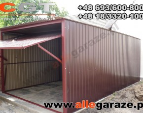 Garaż blaszany 3x5 spad na tył brązowy RAL 8017 brama uchylna


