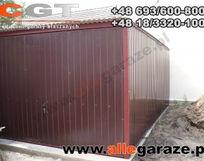 Garaż blaszany 3x5 spad na tył brązowy RAL 8017 brama uchylna


