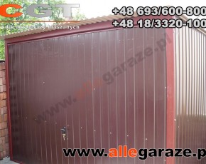 Garaż blaszany 3x5 spad na tył brązowy RAL 8017 brama uchylna

