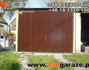 Garaż blaszany 3x5 spad na tył piaskowy RAL 1002 brama uchylna


