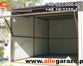 Garaż blaszany 3x5 spad na tył piaskowy RAL 1002 brama uchylna

