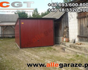 Garaż blaszany 3x5 spad na tył wiśniowy RAL 3005 brama uchylna

