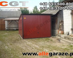 Garaż blaszany 3x5 spad na tył wiśniowy RAL 3005 brama uchylna

