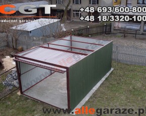 Garaż blaszany 3x5 spad na tył zielony RAL 6020 brama uchylna

