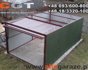 Garaż blaszany 3x5 spad na tył zielony RAL 6020 brama uchylna

