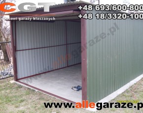 Garaż blaszany 3x5 spad na tył zielony RAL 6020 brama uchylna

