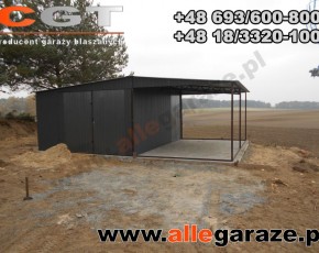 Garaż blaszany 4x5 dwuspadowy RAL 7024 szary z zadaszeniem 