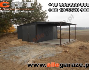 Garaż blaszany 4x5 dwuspadowy RAL 7024 szary z zadaszeniem 