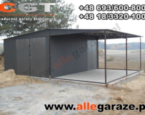 Garaż blaszany 4x5 dwuspadowy RAL 7024 szary z zadaszeniem 