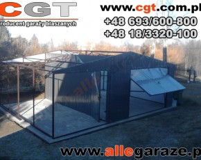 Garaż blaszany 4x5 dwuspadowy RAL 7024 szary z zadaszeniem 