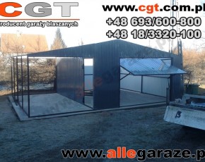 Garaż blaszany 4x5 dwuspadowy RAL 7024 szary z zadaszeniem 