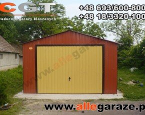 Garaż blaszany 4x6 dwuspadowy brązowy RAL 8004 brama uchylna