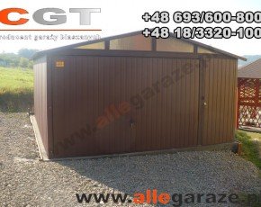 Garaż blaszany 4x6 dwuspadowy brązowy RAL 8017 brama uchylna