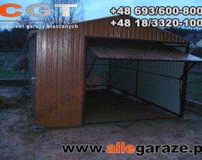 Garaż blaszany 4x6 dwuspadowy brązowy RAL 8017 brama uchylna