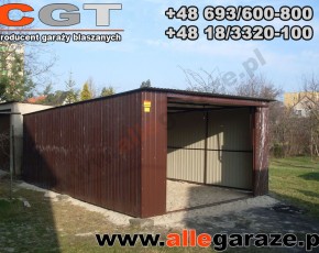Garaż blaszany 4x6 spad na tył brązowy RAL 8017 brama uchylna