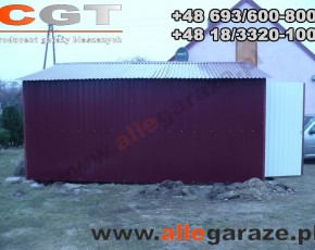 Garaż blaszany 5x5 dwuspadowy wiśniowy RAL 3005 brama uchylna