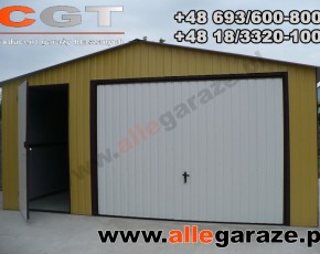 Garaż blaszany 5x5 dwuspadowy piaskowy RAL 1002 brama uchylna