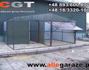Garaż blaszany 6x4 dwuspadowy z zadaszeniem brama uchylna