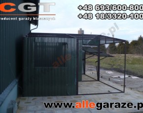 Garaż blaszany 6x4 dwuspadowy z zadaszeniem brama uchylna