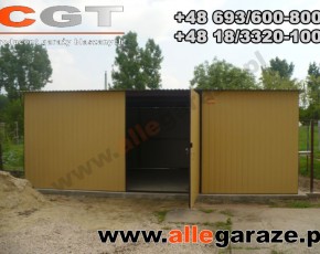 Garaż blaszany 6x4 spad na tył RAL1002 brama dwuskrzydłowa