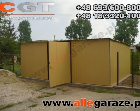 Garaż blaszany 6x4 spad na tył RAL1002 brama dwuskrzydłowa