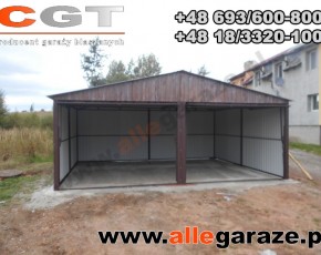 Garaż blaszany 6x5 dwuspadowy orzech
brama uchylna 