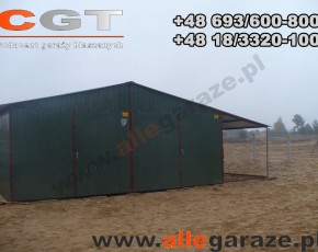 Garaż blaszany 6x5 dwuspadowy zielony RAL 6020 z zadaszeniem brama uchylna 