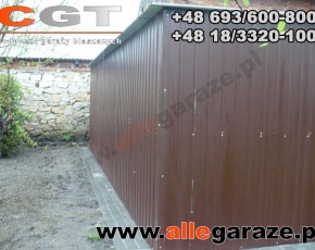 Garaż blaszany 6x5 spad na tył brązowy RAL 8017 brama uchylna
