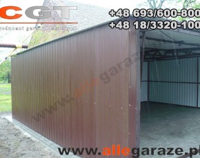 Garaż blaszany 6x5 spad na tył brązowy RAL 8017 brama uchylna