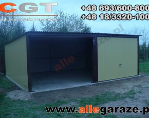 Garaż blaszany 6x5 spad na tył piaskowy RAL 1002 brama uchylna