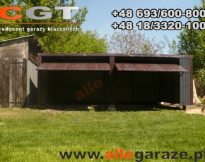 Garaż blaszany 6x5 spad na tył brązowy RAL 8017 brama uchylna
