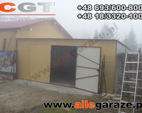 Garaż blaszany 6x5 spad na tył piaskowy RAL 1002 brama dwuskrzydłowa