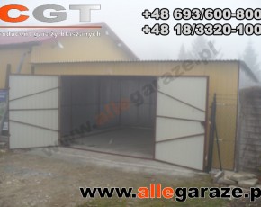 Garaż blaszany 6x5 spad na tył piaskowy RAL 1002 brama dwuskrzydłowa