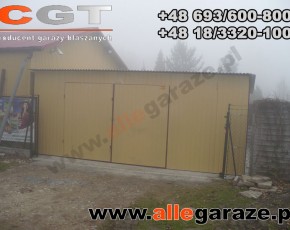 Garaż blaszany 6x5 spad na tył piaskowy RAL 1002 brama dwuskrzydłowa