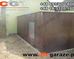 Garaż blaszany 6x5 spad na tył brązowy RAL 8017 brama uchylna