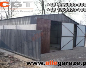 Garaż blaszany 7x6 dwuspadowy brązowy RAL 8014 brama dwuskrzydłowa