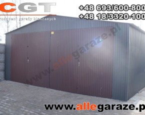 Garaż blaszany 7x6 dwuspadowy brązowy RAL 8014 brama dwuskrzydłowa
