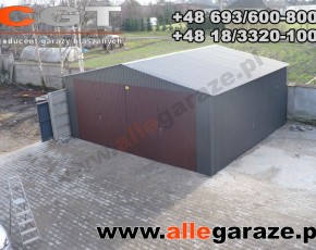 Garaż blaszany 7x6 dwuspadowy brązowy RAL 8014 brama dwuskrzydłowa