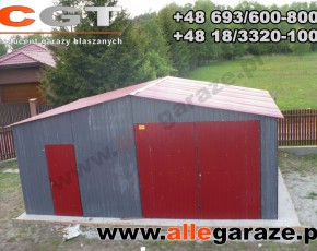 Garaż blaszany 7x6 dwuspadowy szary RAL 9006 brama uchylna