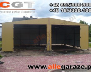 Garaż blaszany 8x6 dwuspadowy piaskowy RAL1002 brama uchylna