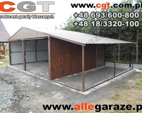 Garaż blaszany 6x5 orzech z zadaszeniem 